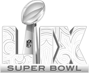 The image shows the Super Bowl LIX logo with a silver football trophy and large “LIX” lettering behind it. The NFL logo is visible on the trophy.