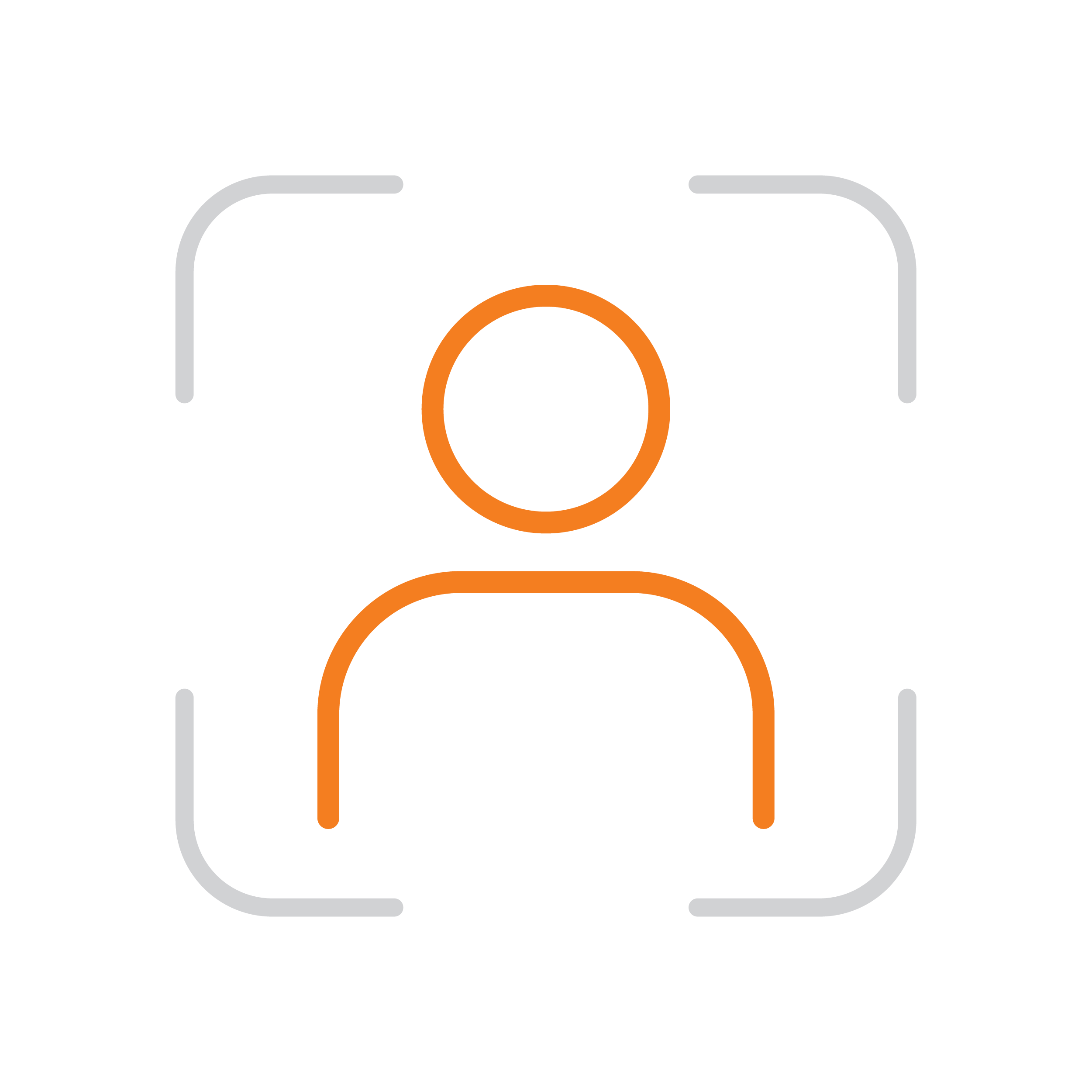 A simple orange outline of a person centered within a gray, rounded square frame on a white background.
