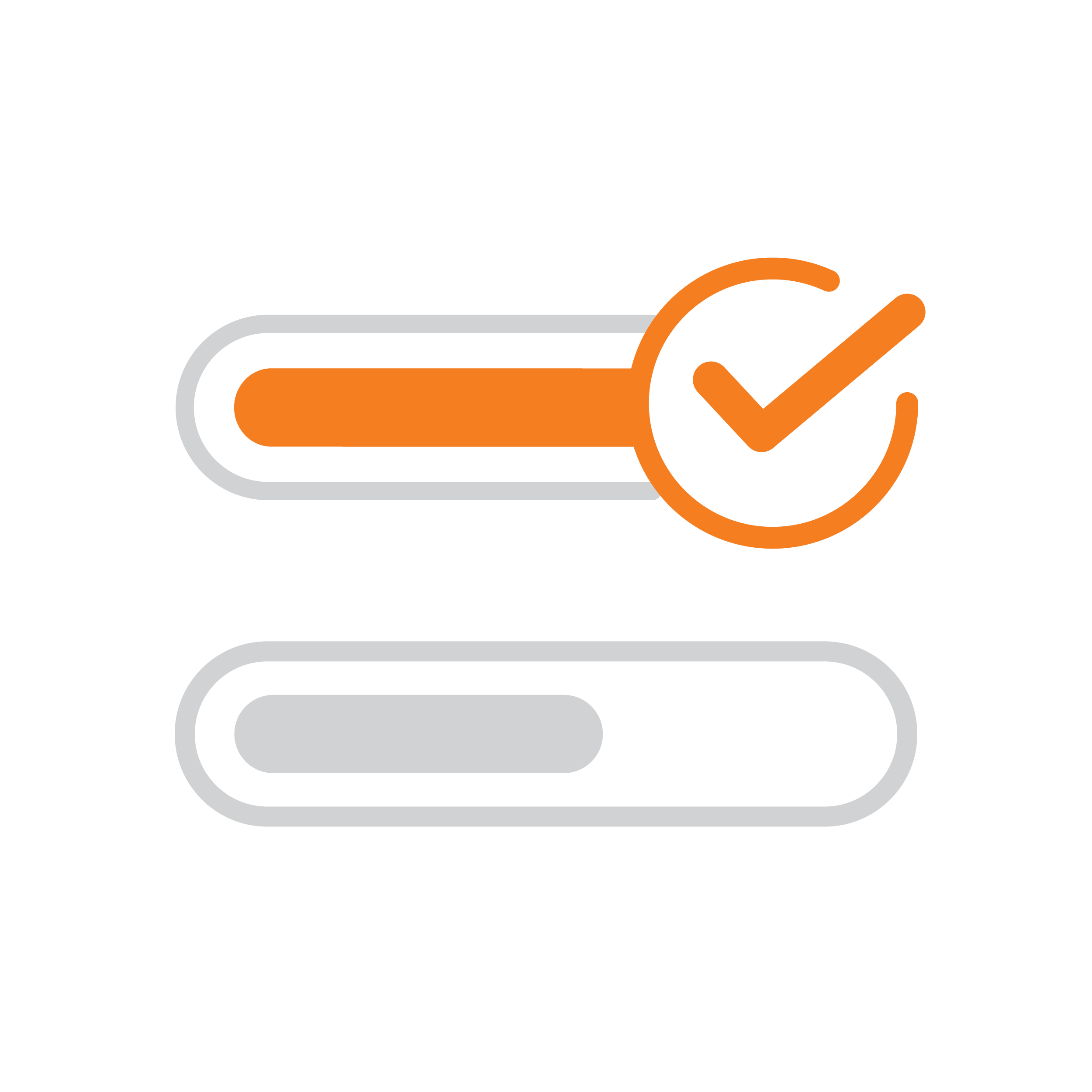 Two horizontal progress bars, one partially filled with an orange bar and a checkmark in a circle, and one below it with a gray progress bar.