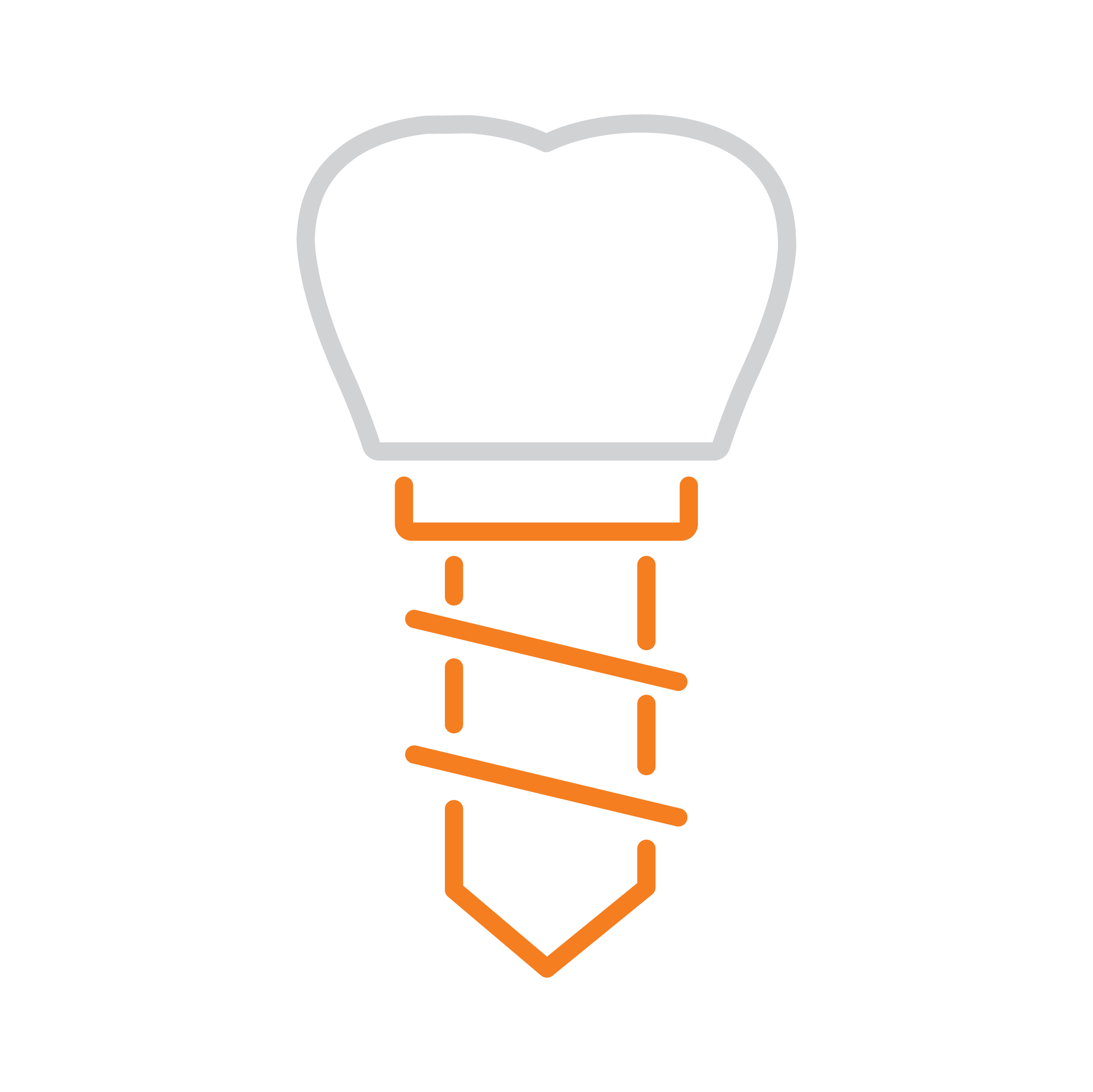 Outline illustration of a dental implant with an orange screw and a gray tooth crown on a white background.